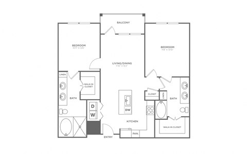 Floor plan for 2 beds, 2 baths, 1099 sqft
